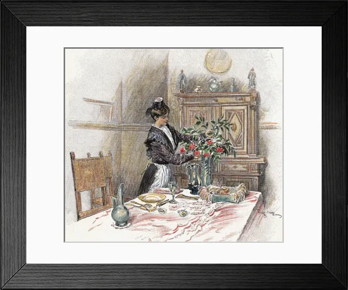 Framed Print : Housemaid decorating the table with a vase of flowers. Color Framed Print : Housemaid decorating the table with a vase of flowers. Color