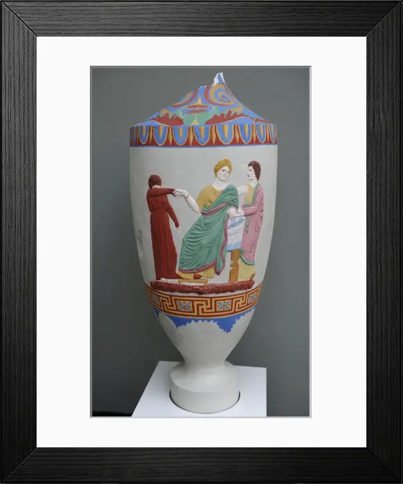 Framed Print : Lekythos decorated with reliefs depicting a goodbye with thr Framed Print : Lekythos decorated with reliefs depicting a goodbye with thr
