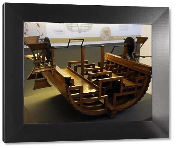 Paddle boat. Study by Leonardo da Vinci, 15th century. Mode