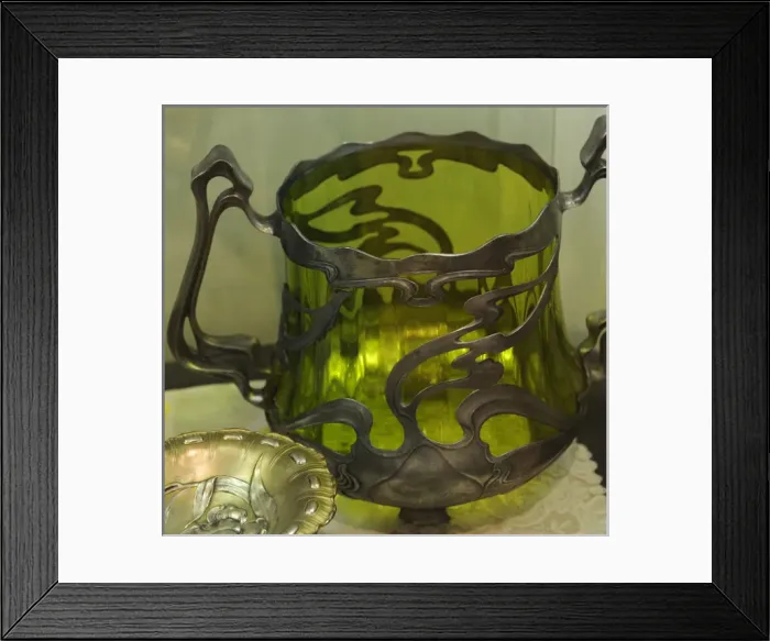 Framed Print : Art nouveau. Showcase with different objects. Early twentiet Framed Print : Art nouveau. Showcase with different objects. Early twentiet