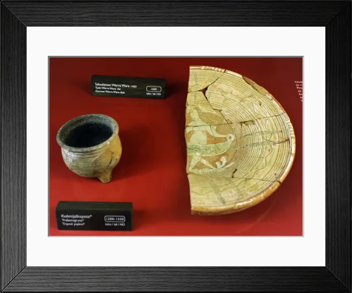 Framed Print : Aboa Vetus & Ars Nova. Ceramic pieces. Right, German dish of Framed Print : Aboa Vetus & Ars Nova. Ceramic pieces. Right, German dish of