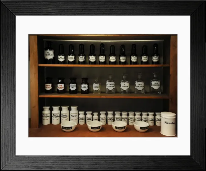 Framed Print : Pharmacy jars (glass and ceramic) and mortars. Museum of Pha Framed Print : Pharmacy jars (glass and ceramic) and mortars. Museum of Pha