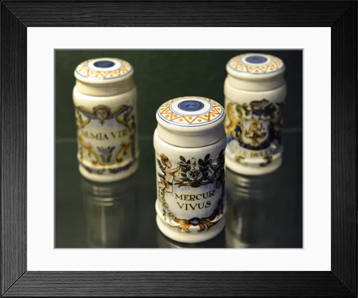 Framed Print : Pharmaceutical porcelain jars. Pharmacy Museum. Turku. Finla Framed Print : Pharmaceutical porcelain jars. Pharmacy Museum. Turku. Finla