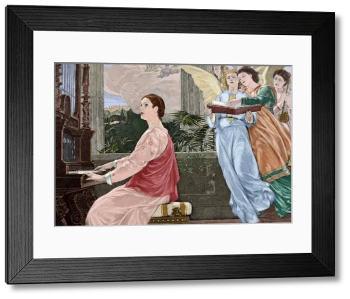 Framed Print : Saint Cecilia (d. 232). The Evening. Engraving. Colored Framed Print : Saint Cecilia (d. 232). The Evening. Engraving. Colored