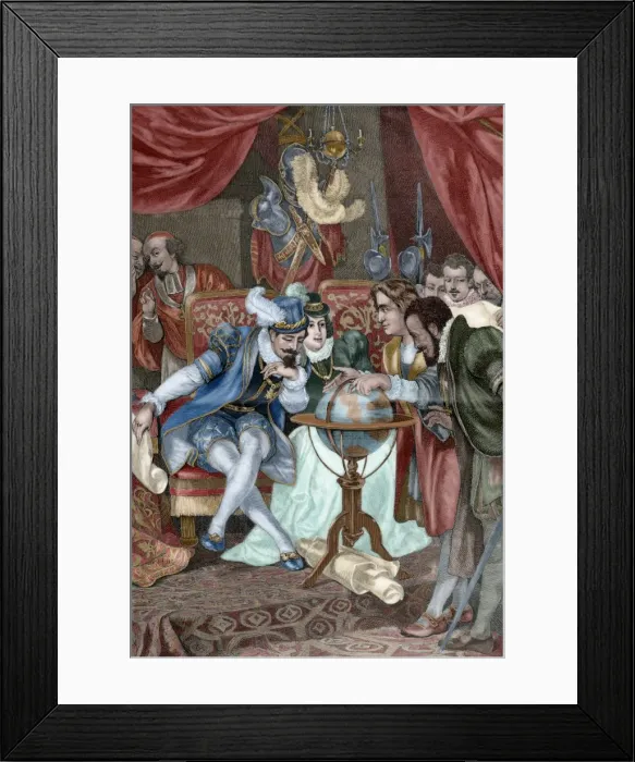 Framed Print : Columbus in Santa Fe camp. Engraving. Specht engraving after Framed Print : Columbus in Santa Fe camp. Engraving. Specht engraving after