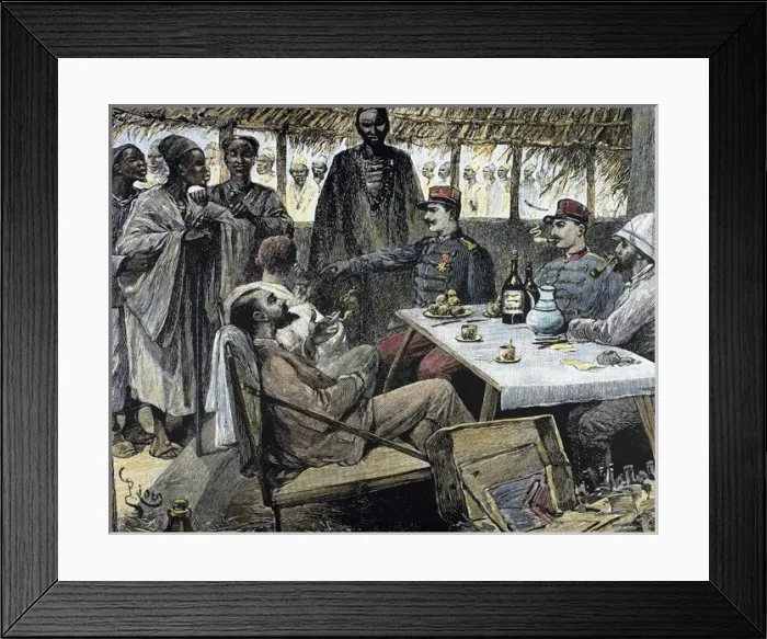 Framed Print : Head of an African tribe interviewing with the French. Engra