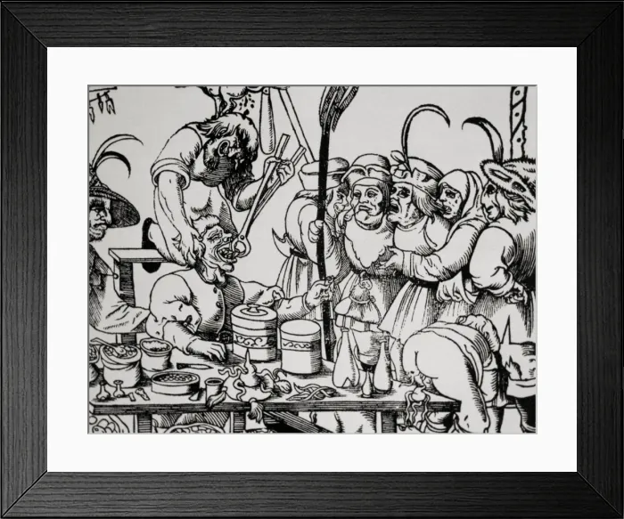 Framed Print : History of medicine. Dentist. Middle Ages. Satire. Engraving Framed Print : History of medicine. Dentist. Middle Ages. Satire. Engraving