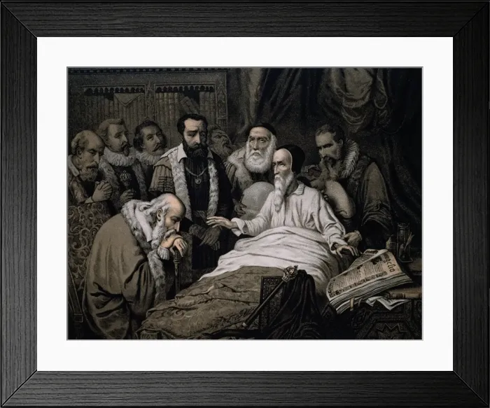 Framed Print : Last moments of Calvin (1509-1564). Engraving. Colored Framed Print : Last moments of Calvin (1509-1564). Engraving. Colored
