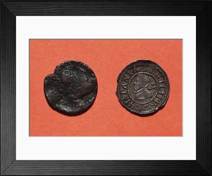 Framed Print : Coins. Seisavo, left and Ardite, right. 16th-17th centuries Framed Print : Coins. Seisavo, left and Ardite, right. 16th-17th centuries