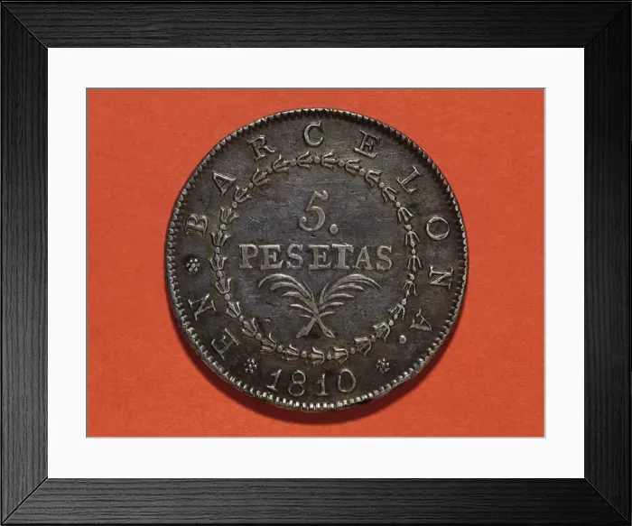 Framed Print : Spain. Five pesetas. Reverse. 19th century Framed Print : Spain. Five pesetas. Reverse. 19th century