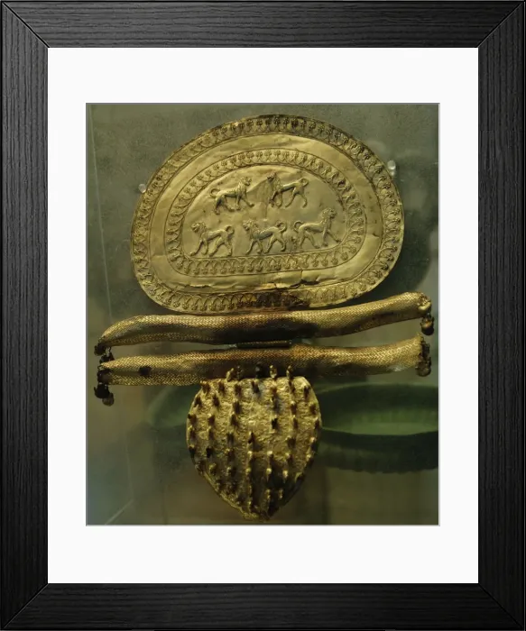 Framed Print : Etruscan Art. Italy. Great gold fibula decorated with lions Framed Print : Etruscan Art. Italy. Great gold fibula decorated with lions