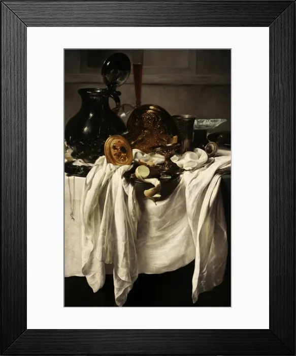 Framed Print : Still life with pewter and tall thin glass in a wall niche Framed Print : Still life with pewter and tall thin glass in a wall niche