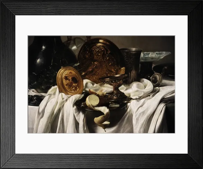 Framed Print : Still life with pewter and tall thin glass in a wall niche Framed Print : Still life with pewter and tall thin glass in a wall niche