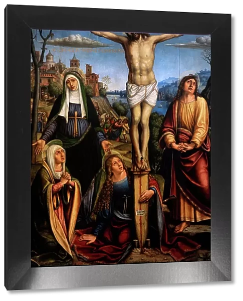 Christ on the cross, the Three Marys on mourning by John