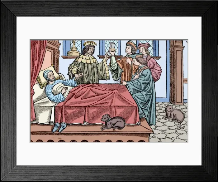Framed Print : Medical History. Doctors with a patient. Engraving. 16th cen Framed Print : Medical History. Doctors with a patient. Engraving. 16th cen
