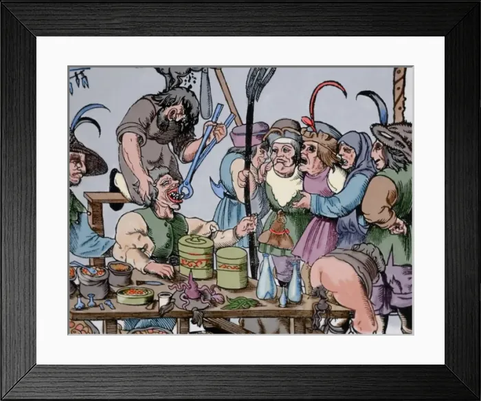 Framed Print : History of medicine. Dentist. Middle Ages. Satire. Engraving