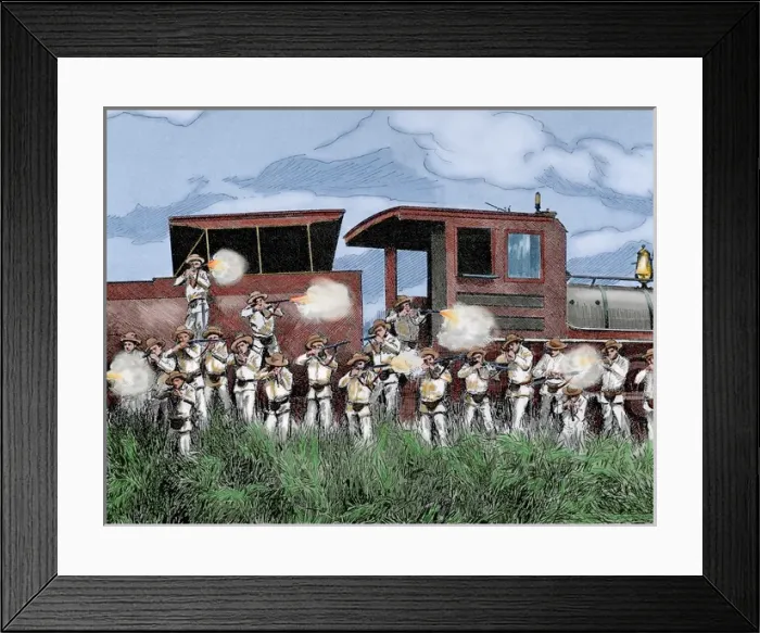 Framed Print : Cuban War of Independence (1895-1898). Defending a train att Framed Print : Cuban War of Independence (1895-1898). Defending a train att