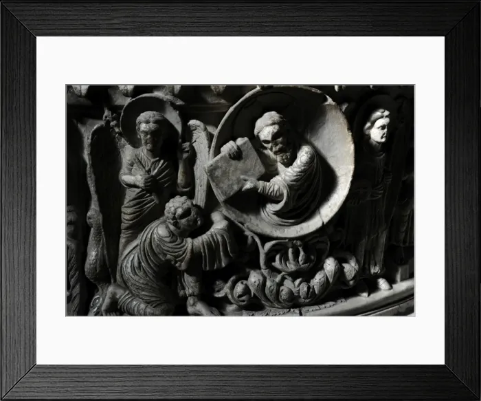 Framed Print : Moses receives the Law. Baptismal font. 12th century. Basili Framed Print : Moses receives the Law. Baptismal font. 12th century. Basili