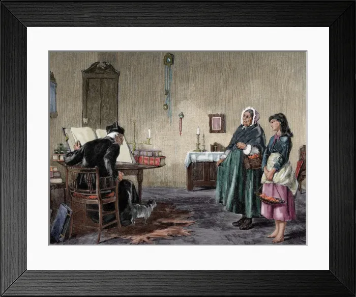 Framed Print : Give of present for the priest. Engraving by H. Werdmuller Framed Print : Give of present for the priest. Engraving by H. Werdmuller