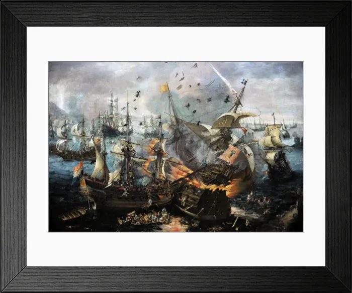 Framed Print : The Explosion of the Spanish Flagship during the Battle of G Framed Print : The Explosion of the Spanish Flagship during the Battle of G