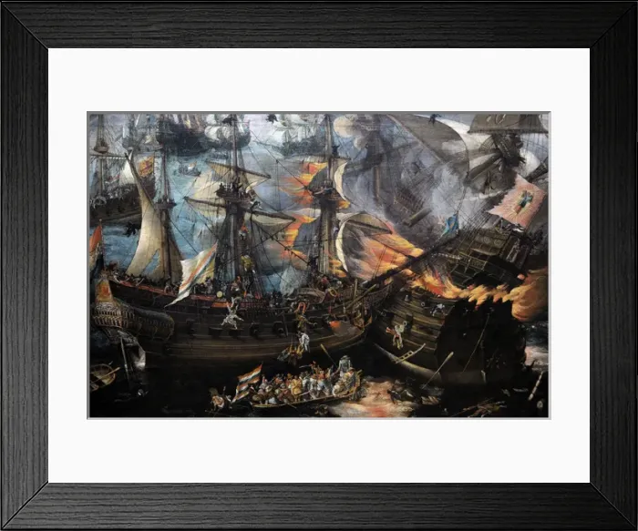Framed Print : The Explosion of the Spanish Flagship during the Battle of G Framed Print : The Explosion of the Spanish Flagship during the Battle of G