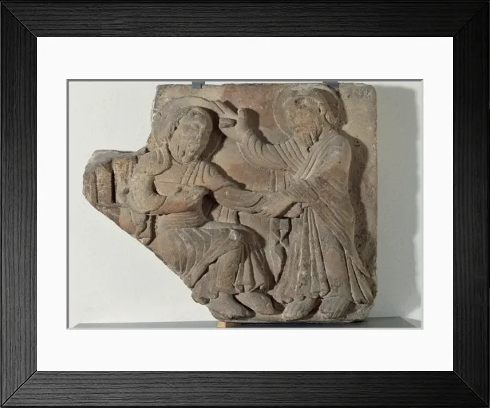 Framed Print : Christ blessing (Right) to St. Peter. (Left). Stone. Relief Framed Print : Christ blessing (Right) to St. Peter. (Left). Stone. Relief