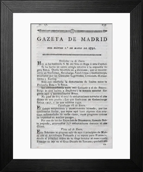 Framed Print : Gazette of Madrid. 18th century. Number 17. 1791. Royal Prin Framed Print : Gazette of Madrid. 18th century. Number 17. 1791. Royal Prin