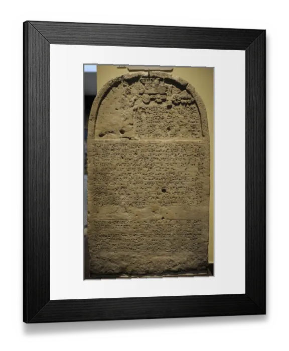 Framed Print : Kings stele with inscription and a relief depicting King Se Framed Print : Kings stele with inscription and a relief depicting King Se