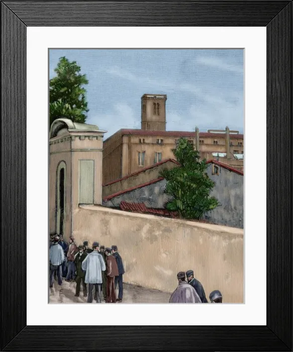 Framed Print : Spain. Barcelona. Working demonstration. Engraving. Colored Framed Print : Spain. Barcelona. Working demonstration. Engraving. Colored