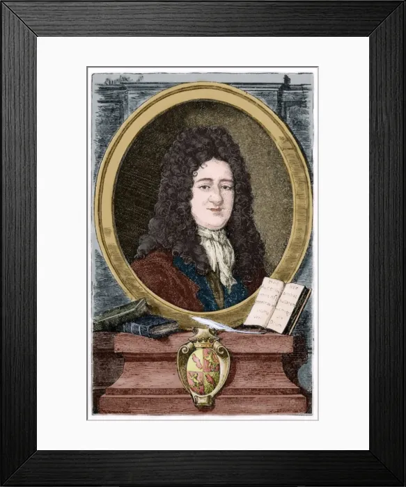 Framed Print : Gottfried Wilhelm Leibniz (1646-1716). Colored engraving Framed Print : Gottfried Wilhelm Leibniz (1646-1716). Colored engraving