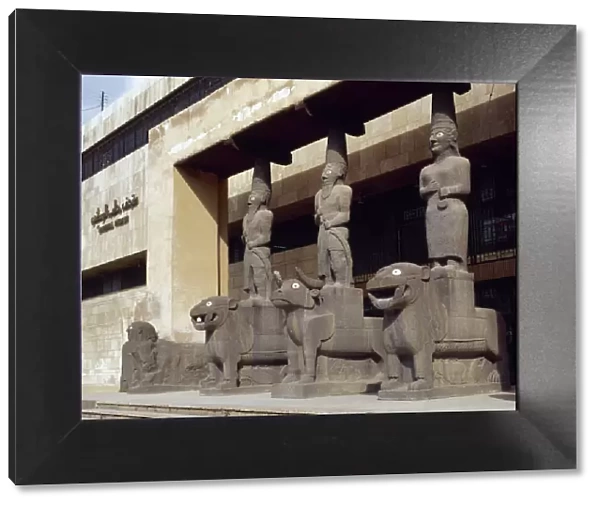 Basalt caryatids guarding the temple of Tell Halaf. Syria