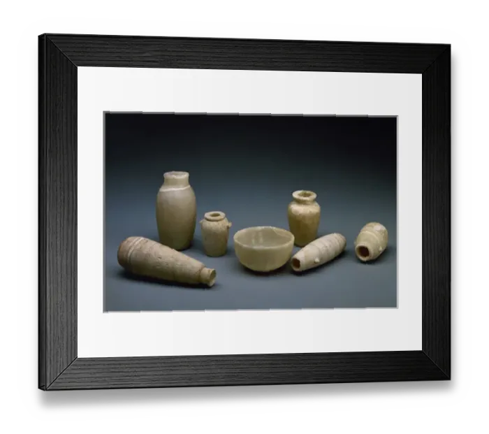 Framed Print : Egyptian Art. Cups and vases in alabaster
