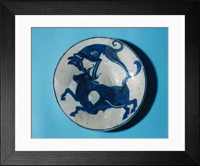 Framed Print : Paterna ceramic style. Blue plate. Dog attacking a bull. 15t Framed Print : Paterna ceramic style. Blue plate. Dog attacking a bull. 15t