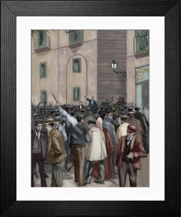 Framed Print : Spain. Barcelona. Working demonstration. Engraving. Colored Framed Print : Spain. Barcelona. Working demonstration. Engraving. Colored