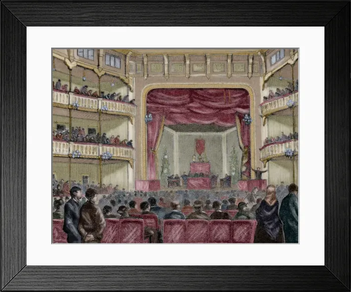 Framed Print : Spain. Barcelona. Labor Congress. Engraving. Colored Framed Print : Spain. Barcelona. Labor Congress. Engraving. Colored