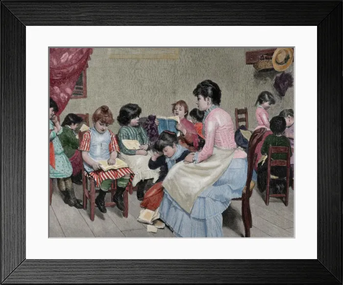 Framed Print : Girls school. Engraving, 19th century. La Ilustracion Espa Framed Print : Girls school. Engraving, 19th century. La Ilustracion Espa
