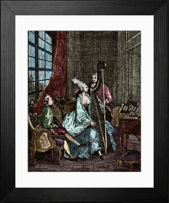 Framed Print : Society. 18th century. Musician. Harpist. Engraving. Colored Framed Print : Society. 18th century. Musician. Harpist. Engraving. Colored