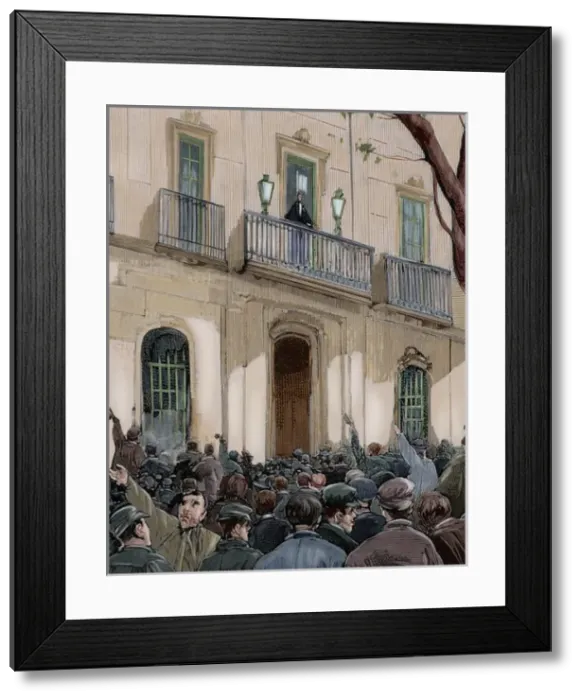 Framed Print : Spain. Barcelona. Working demonstration. Engraving. Colored Framed Print : Spain. Barcelona. Working demonstration. Engraving. Colored