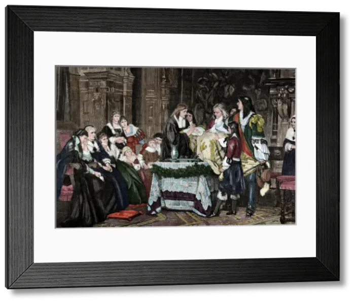Framed Print : The posthumous baptism. Engraving. Colored Framed Print : The posthumous baptism. Engraving. Colored