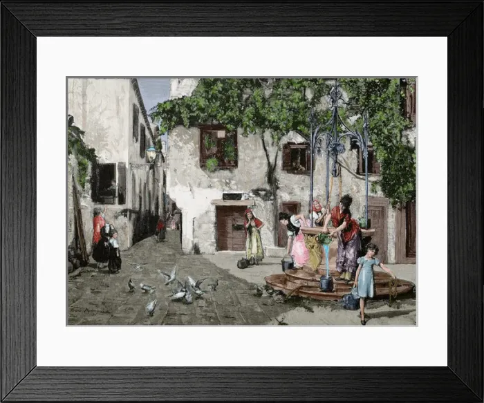 Framed Print : By the Well. Engraving. Colored Framed Print : By the Well. Engraving. Colored