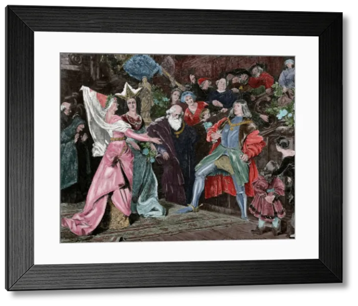 Framed Print : Emperor Maximilian I (1459-1519) asking marys hand. Engravi Framed Print : Emperor Maximilian I (1459-1519) asking marys hand. Engravi