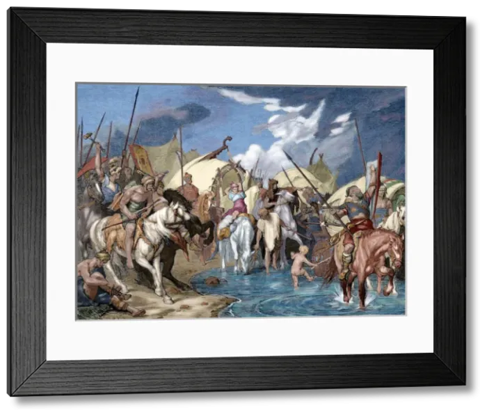 Framed Print : Emigration of the Germans. Engraving. Colored Framed Print : Emigration of the Germans. Engraving. Colored