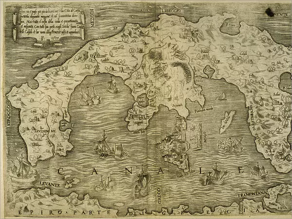 Map of Greek island of Corfu. Ionian Sea. Italian map. 1537
