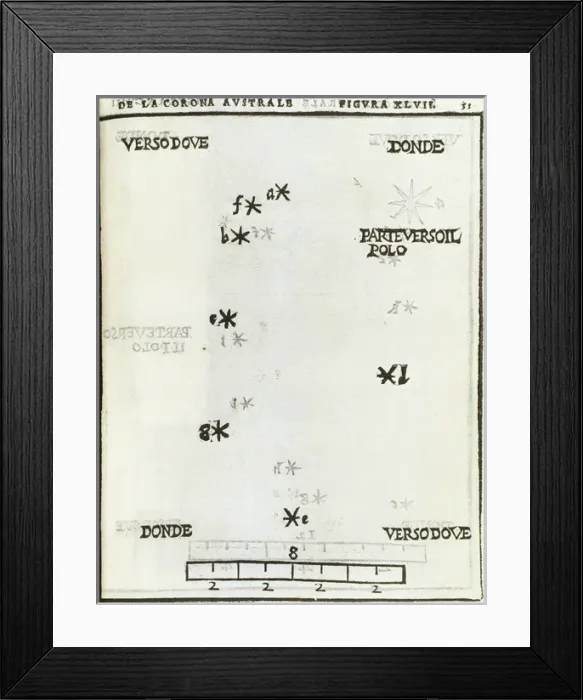 Framed Print : Corona Australis, constellation. Hemisphere. Engraving, 1559 Framed Print : Corona Australis, constellation. Hemisphere. Engraving, 1559