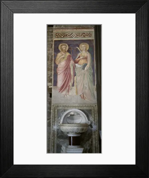 Framed Print : Italy. Florence. Mural painting with saints and stoup. 14th Framed Print : Italy. Florence. Mural painting with saints and stoup. 14th