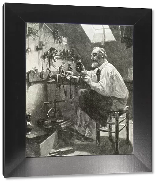 Craftsman in his workshop. Engraving. 19th century