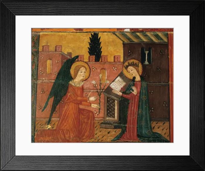 Framed Print : Anunciation. Altarpiece of Bellver de Cerdanya. Painted wood Framed Print : Anunciation. Altarpiece of Bellver de Cerdanya. Painted wood