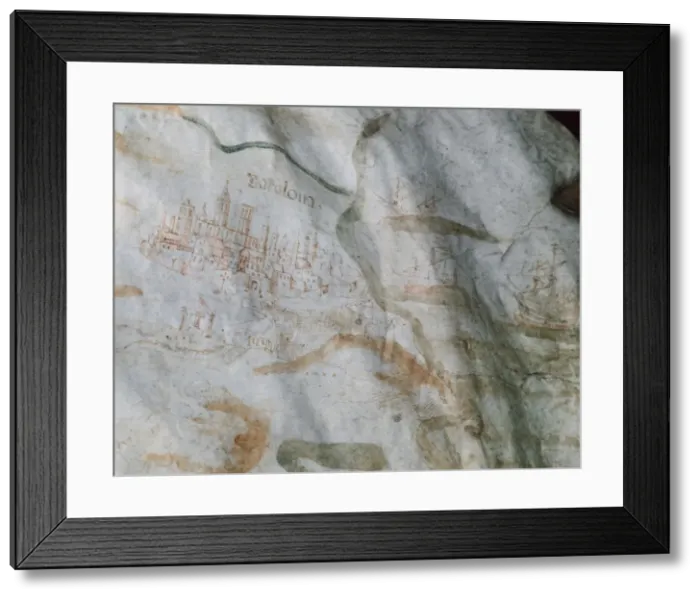 Framed Print : Parchment. Drawing city Barcelona and Port of city. 1521. Sp Framed Print : Parchment. Drawing city Barcelona and Port of city. 1521. Sp