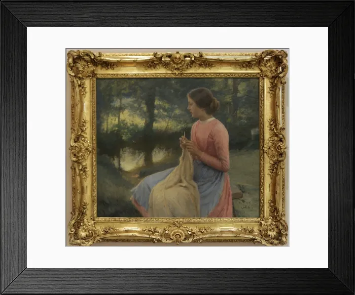 Framed Print : Leon Delachaux (1850-1919). French painter. Girl knitting, 1 Framed Print : Leon Delachaux (1850-1919). French painter. Girl knitting, 1