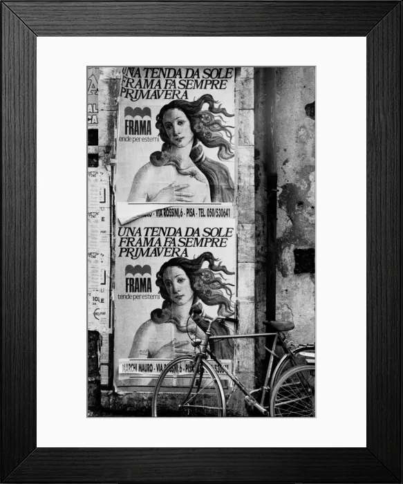 Framed Print : Posters on wall with bicycle, Pisa, Italy Framed Print : Posters on wall with bicycle, Pisa, Italy